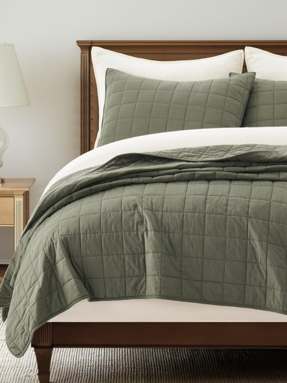 100% Cotton Box Stitch Quilt Set, Queen Size, Olive Green
